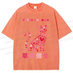 Unisex Yayoi Kusama Pink Cat With Hearts Printed Washed Tee