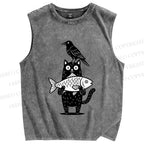 Unisex Bird Cat Fish Printed Washed Tank Top