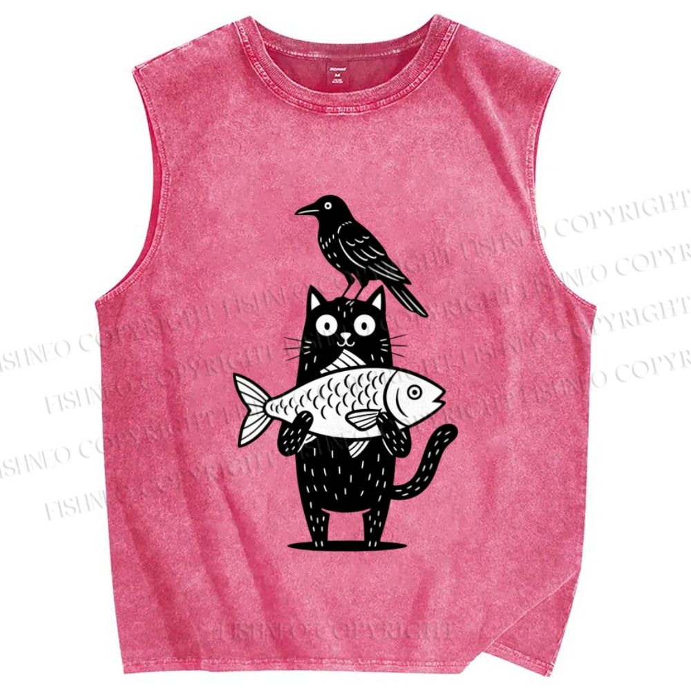 Unisex Bird Cat Fish Printed Washed Tank Top