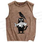 Unisex Bird Cat Fish Printed Washed Tank Top
