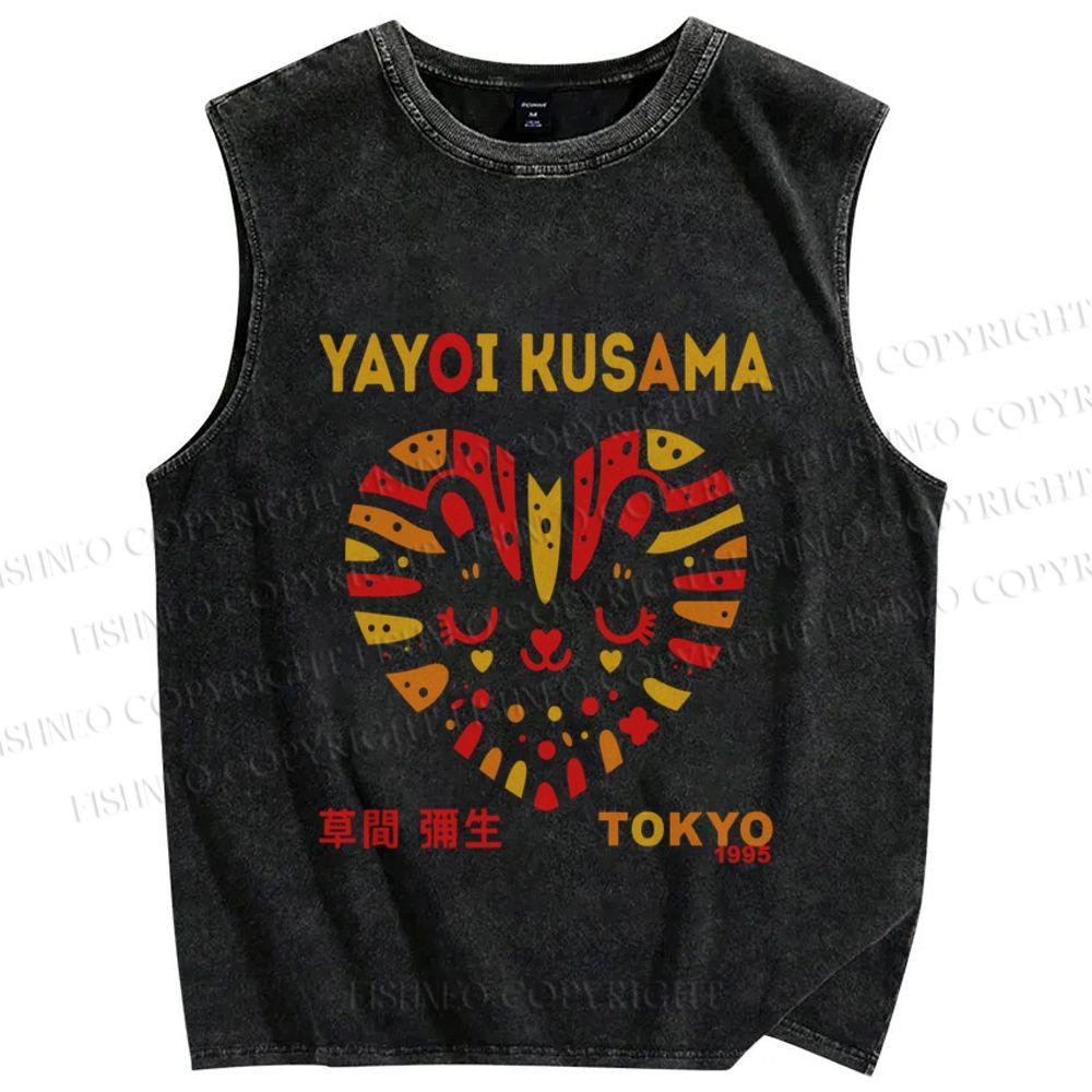 Unisex Yayoi Kusama Cat in Heart Printed Washed Tank Top