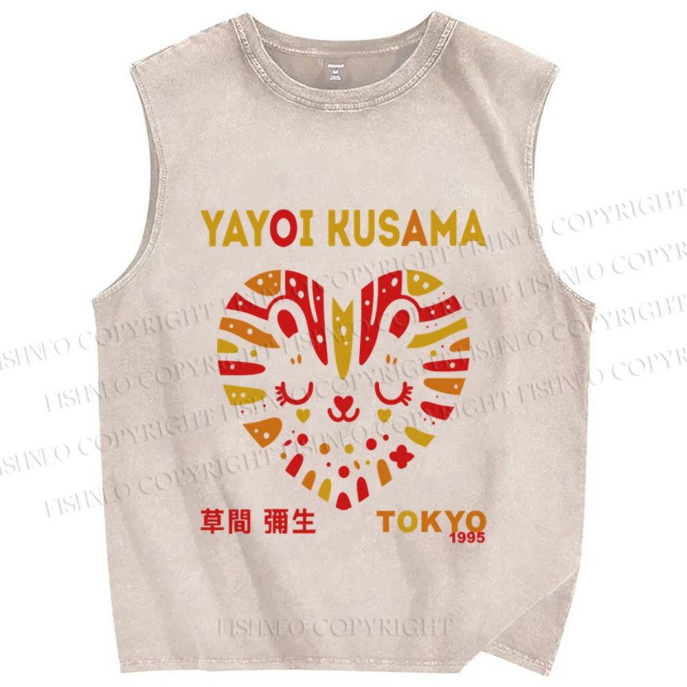 Unisex Yayoi Kusama Cat in Heart Printed Washed Tank Top