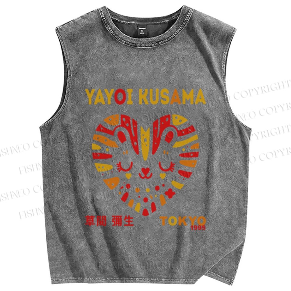 Unisex Yayoi Kusama Cat in Heart Printed Washed Tank Top