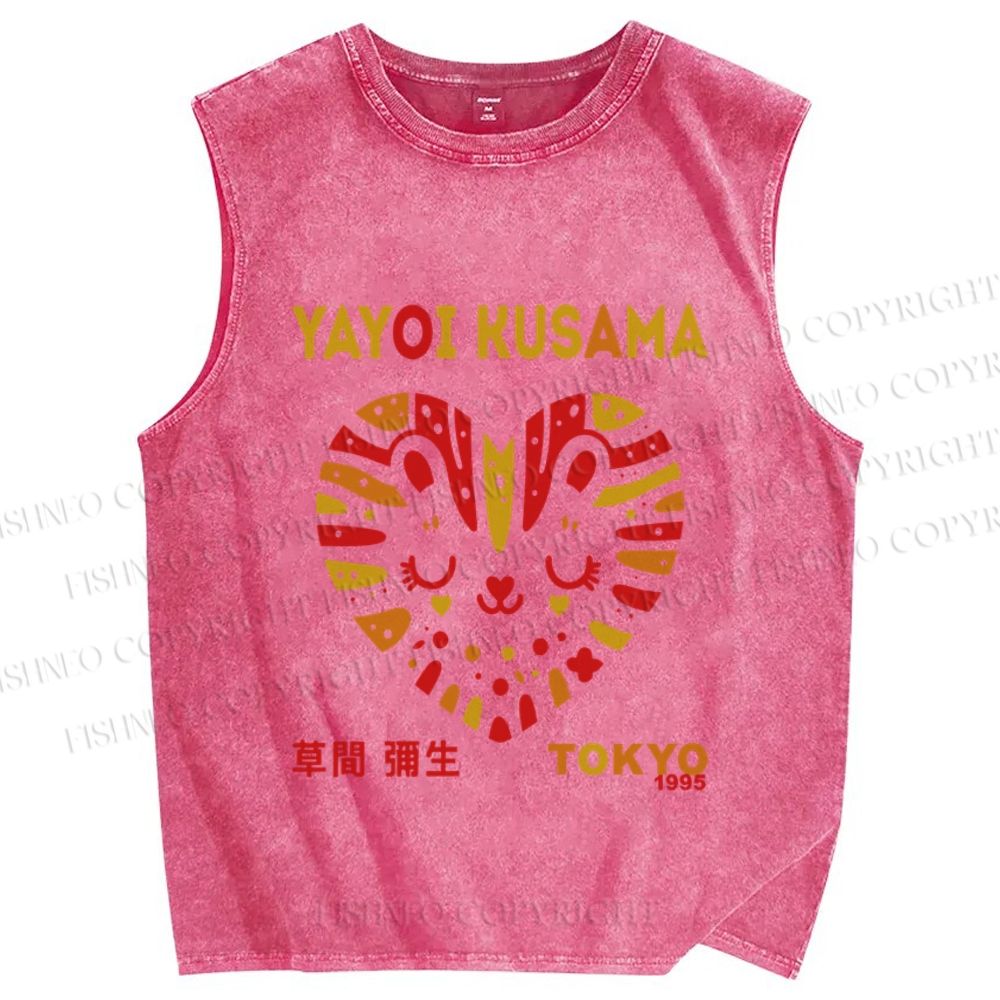 Unisex Yayoi Kusama Cat in Heart Printed Washed Tank Top