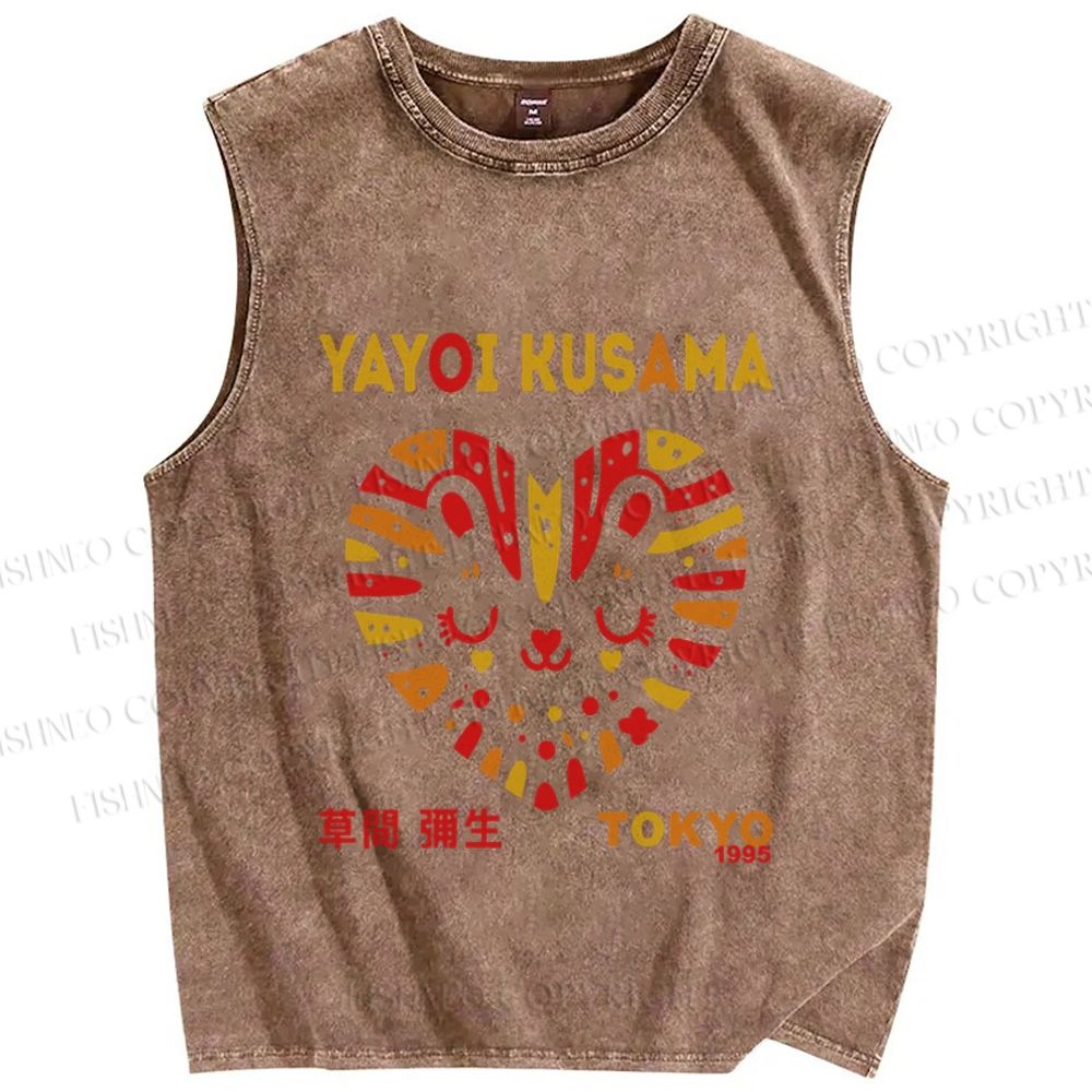 Unisex Yayoi Kusama Cat in Heart Printed Washed Tank Top