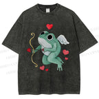 Unisex Valentine's Day Cupid Heart Frog Printed Washed Tee