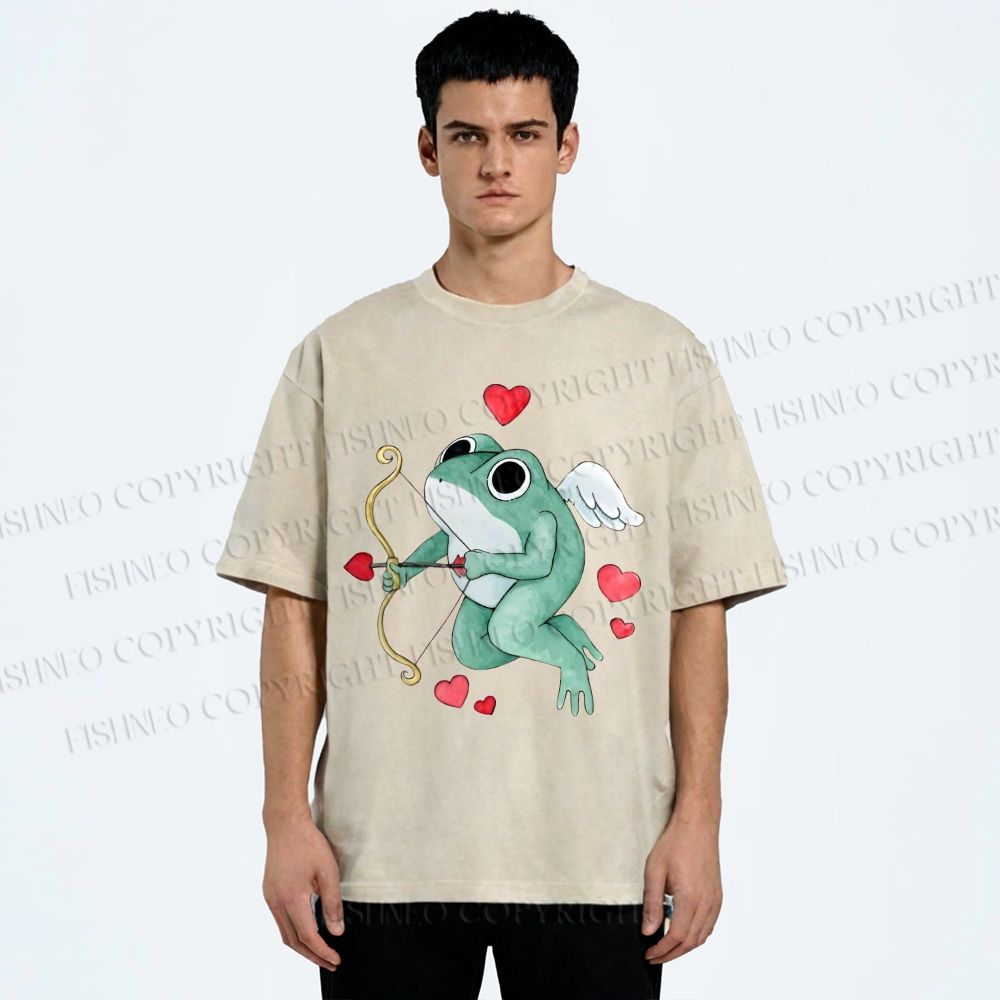Unisex Valentine's Day Cupid Heart Frog Printed Washed Tee
