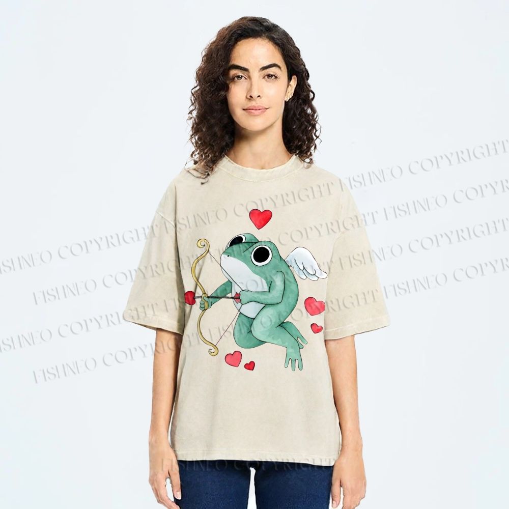 Unisex Valentine's Day Cupid Heart Frog Printed Washed Tee