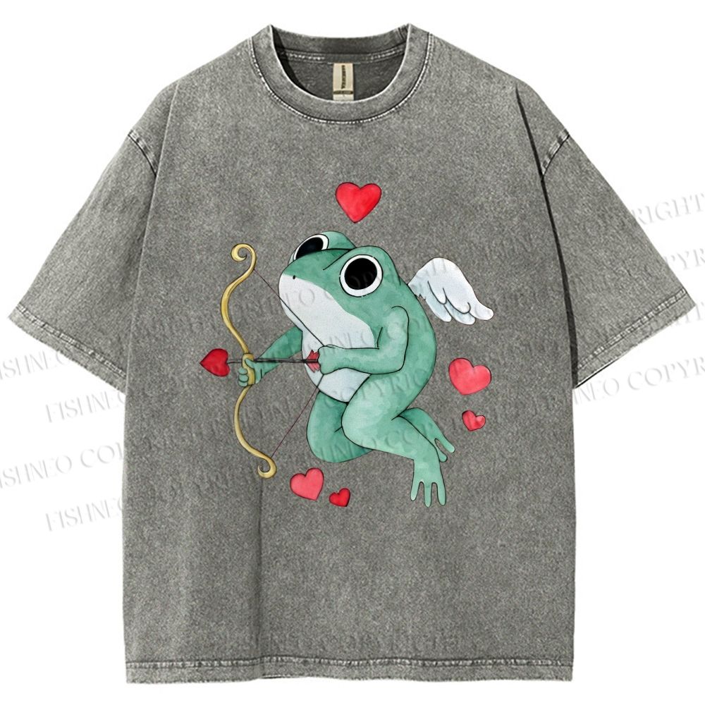 Unisex Valentine's Day Cupid Heart Frog Printed Washed Tee