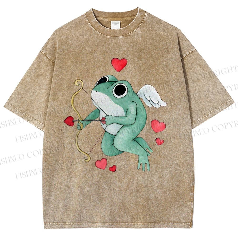 Unisex Valentine's Day Cupid Heart Frog Printed Washed Tee