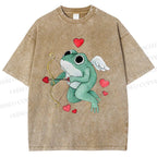 Unisex Valentine's Day Cupid Heart Frog Printed Washed Tee