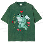 Unisex Valentine's Day Cupid Heart Frog Printed Washed Tee