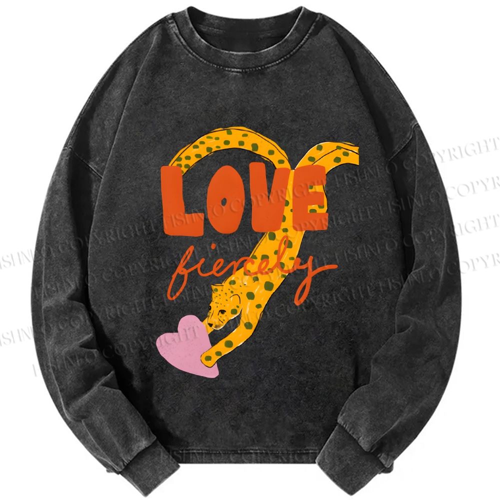 Unisex Casual Washed Funny Panther in Love Printed Long Sleeve T-shirt