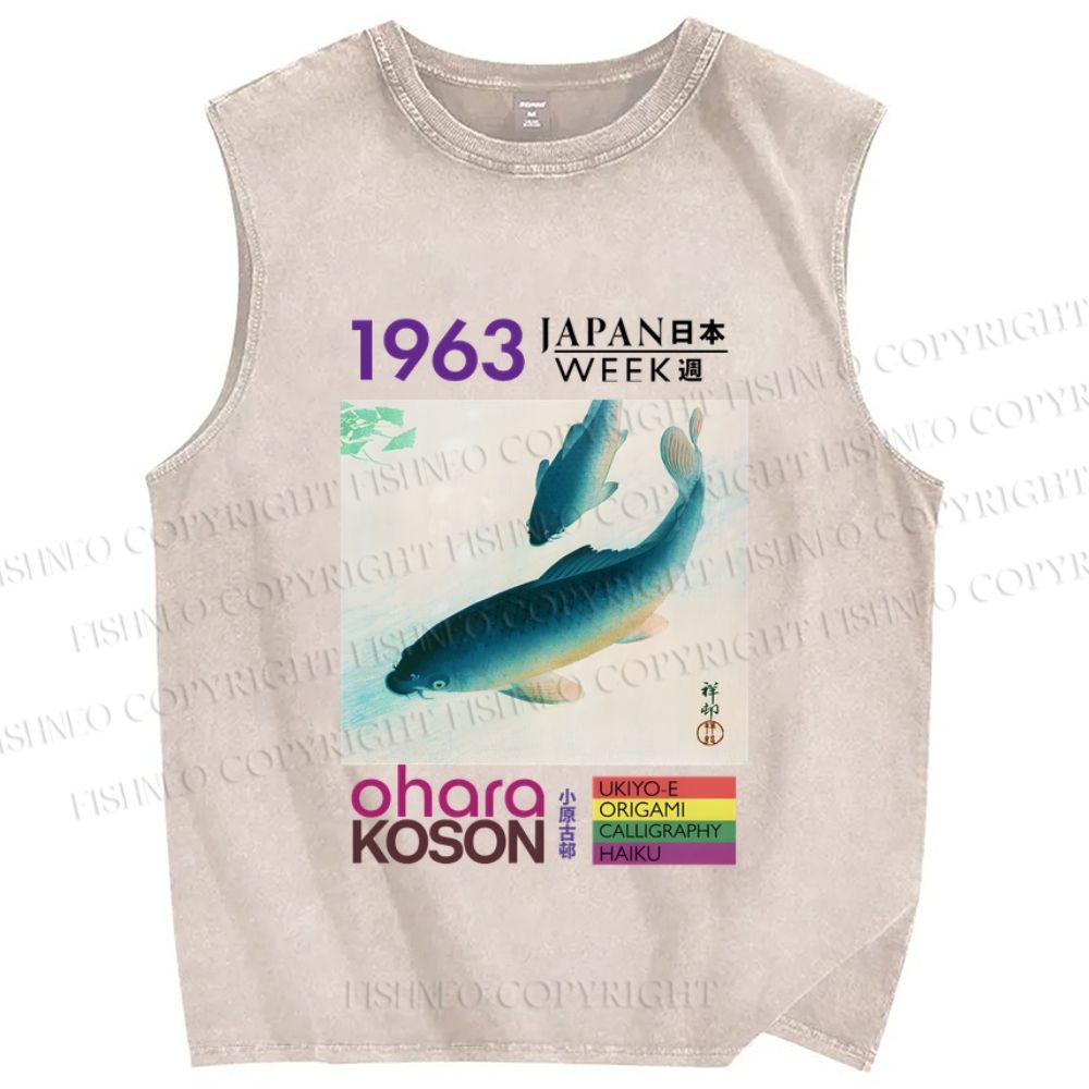 Unisex Blue Koi Fish Japan Week Printed Washed Tank Top
