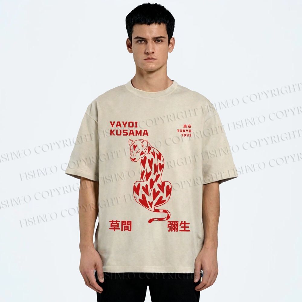 Unisex Yayoi Kusama Panther With Heart Printed Washed Tee