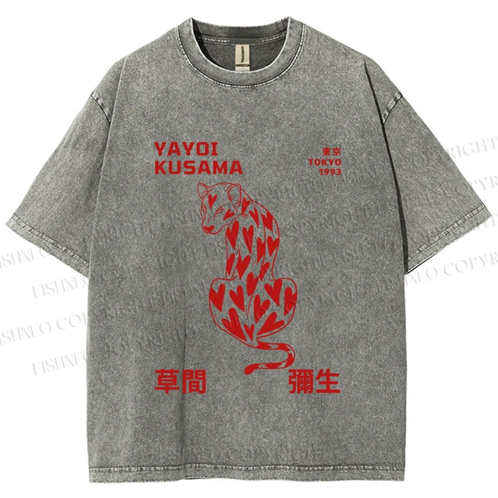 Unisex Yayoi Kusama Panther With Heart Printed Washed Tee