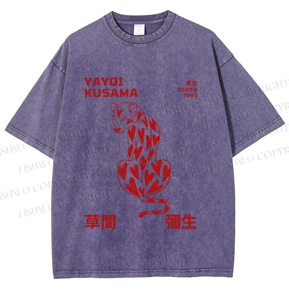 Unisex Yayoi Kusama Panther With Heart Printed Washed Tee