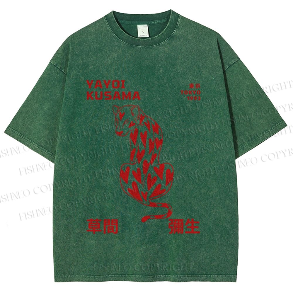 Unisex Yayoi Kusama Panther With Heart Printed Washed Tee