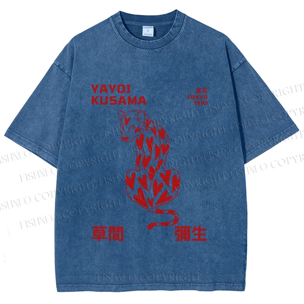 Unisex Yayoi Kusama Panther With Heart Printed Washed Tee