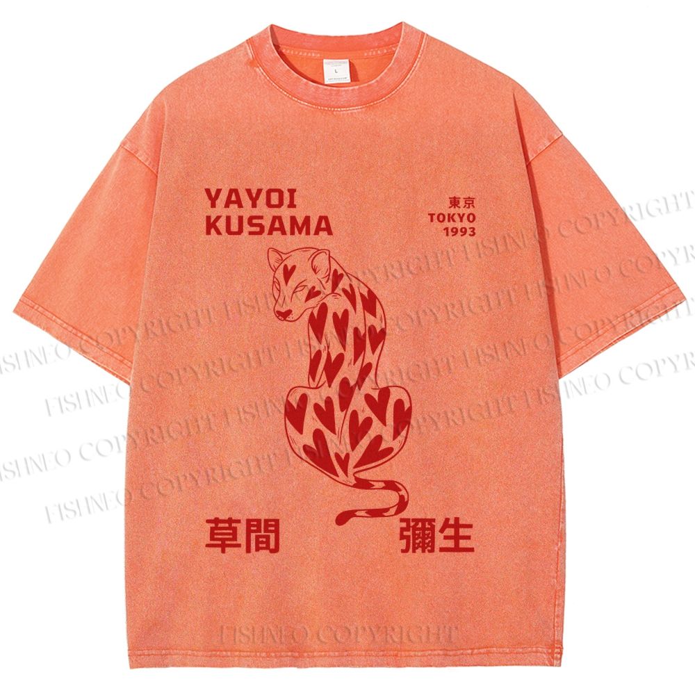 Unisex Yayoi Kusama Panther With Heart Printed Washed Tee