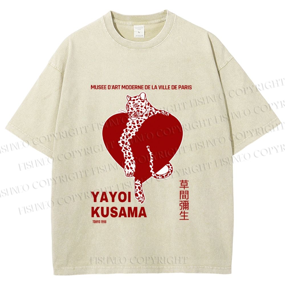 Unisex Yayoi Kusama Panther With Heart Printed Washed Tee