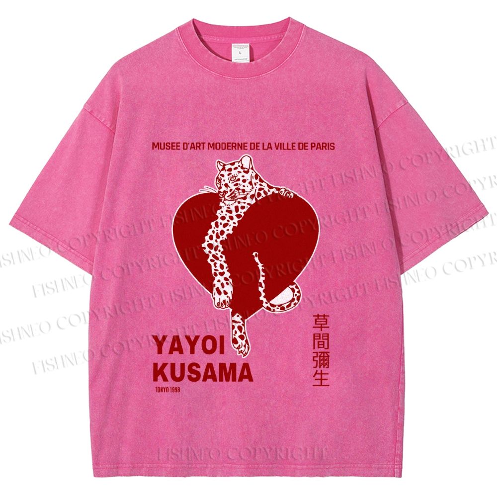 Unisex Yayoi Kusama Panther With Heart Printed Washed Tee