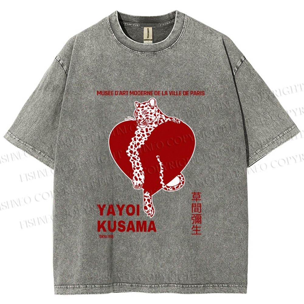 Unisex Yayoi Kusama Panther With Heart Printed Washed Tee