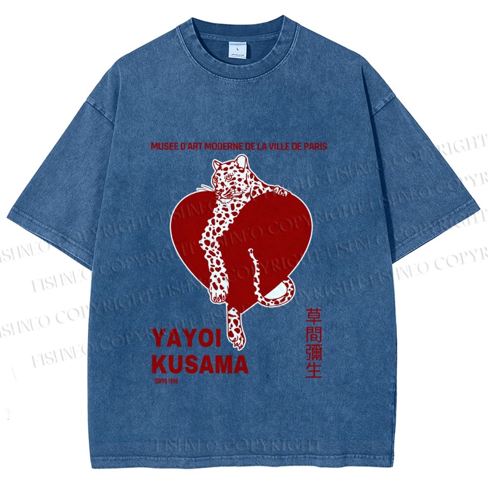 Unisex Yayoi Kusama Panther With Heart Printed Washed Tee
