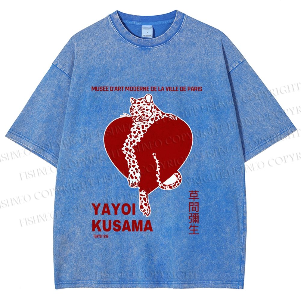 Unisex Yayoi Kusama Panther With Heart Printed Washed Tee