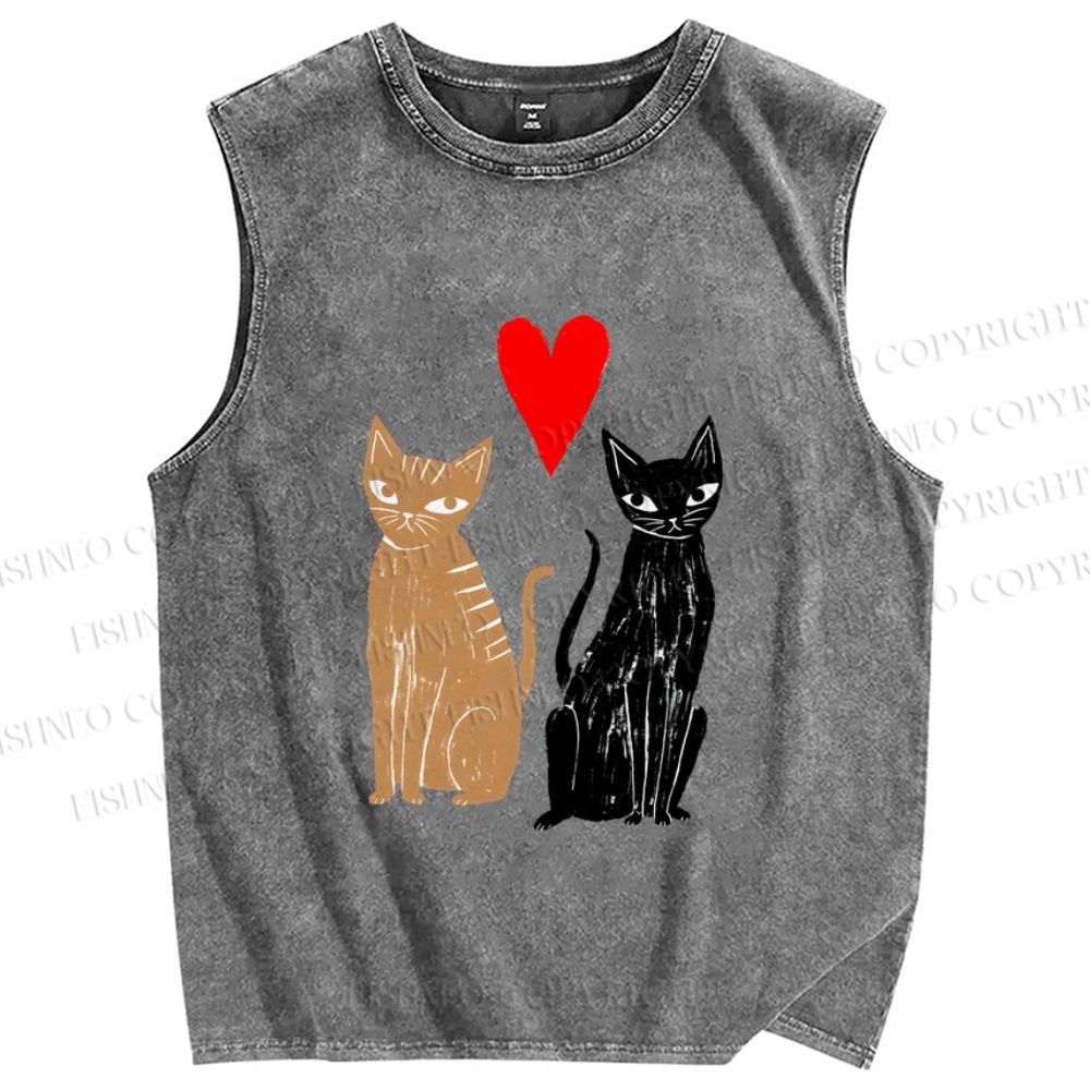 Unisex Heart Cat Printed Washed Tank Top