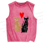 Unisex Heart Cat Printed Washed Tank Top