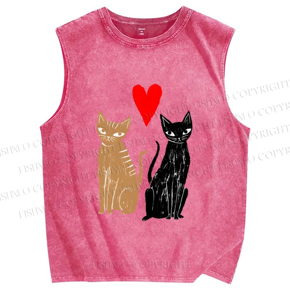 Unisex Heart Cat Printed Washed Tank Top