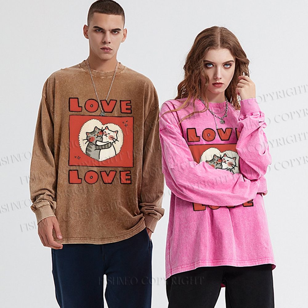 Unisex Casual Washed Love Cat Printed Long Sleeve T-shirt