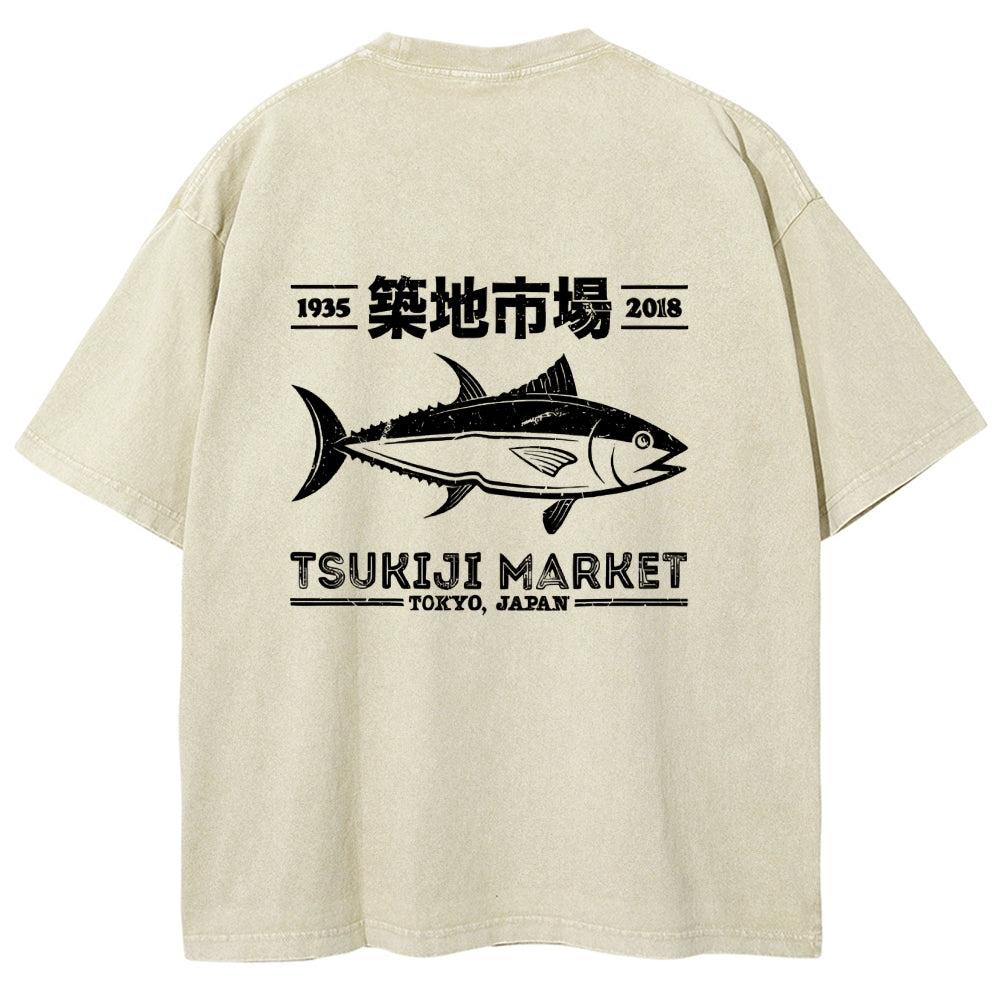 Tsukiji Market Tokyo Japan Fish Vintage Wash Japanese Design Back Art T-Shirt