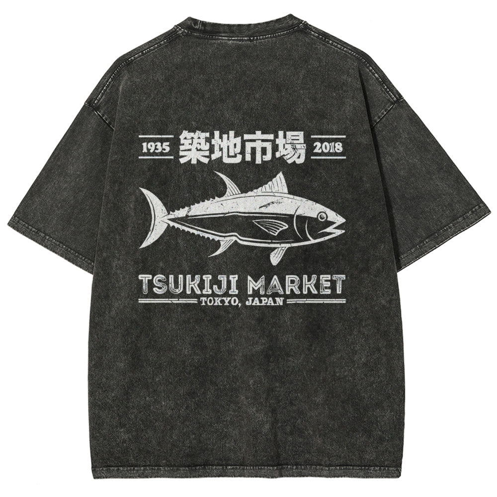 Tsukiji Market Tokyo Japan Fish Vintage Wash Japanese Design Back Art T-Shirt