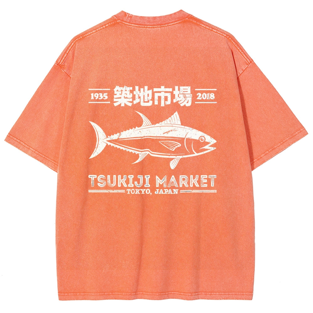 Tsukiji Market Tokyo Japan Fish Vintage Wash Japanese Design Back Art T-Shirt