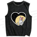 Unisex David Bowie Cat in Heart Printed Washed Tank Top