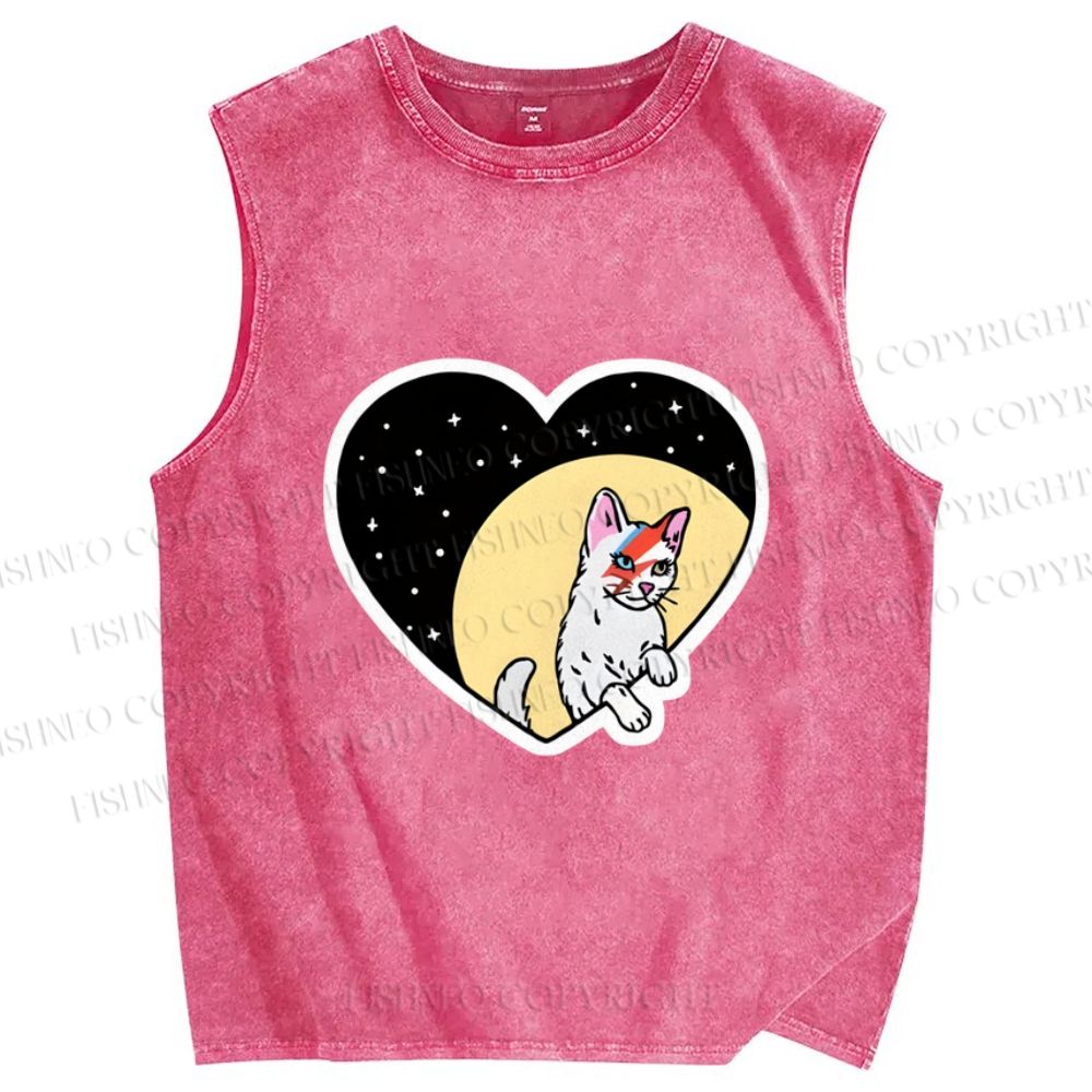 Unisex David Bowie Cat in Heart Printed Washed Tank Top