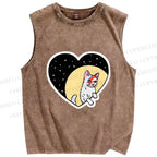 Unisex David Bowie Cat in Heart Printed Washed Tank Top