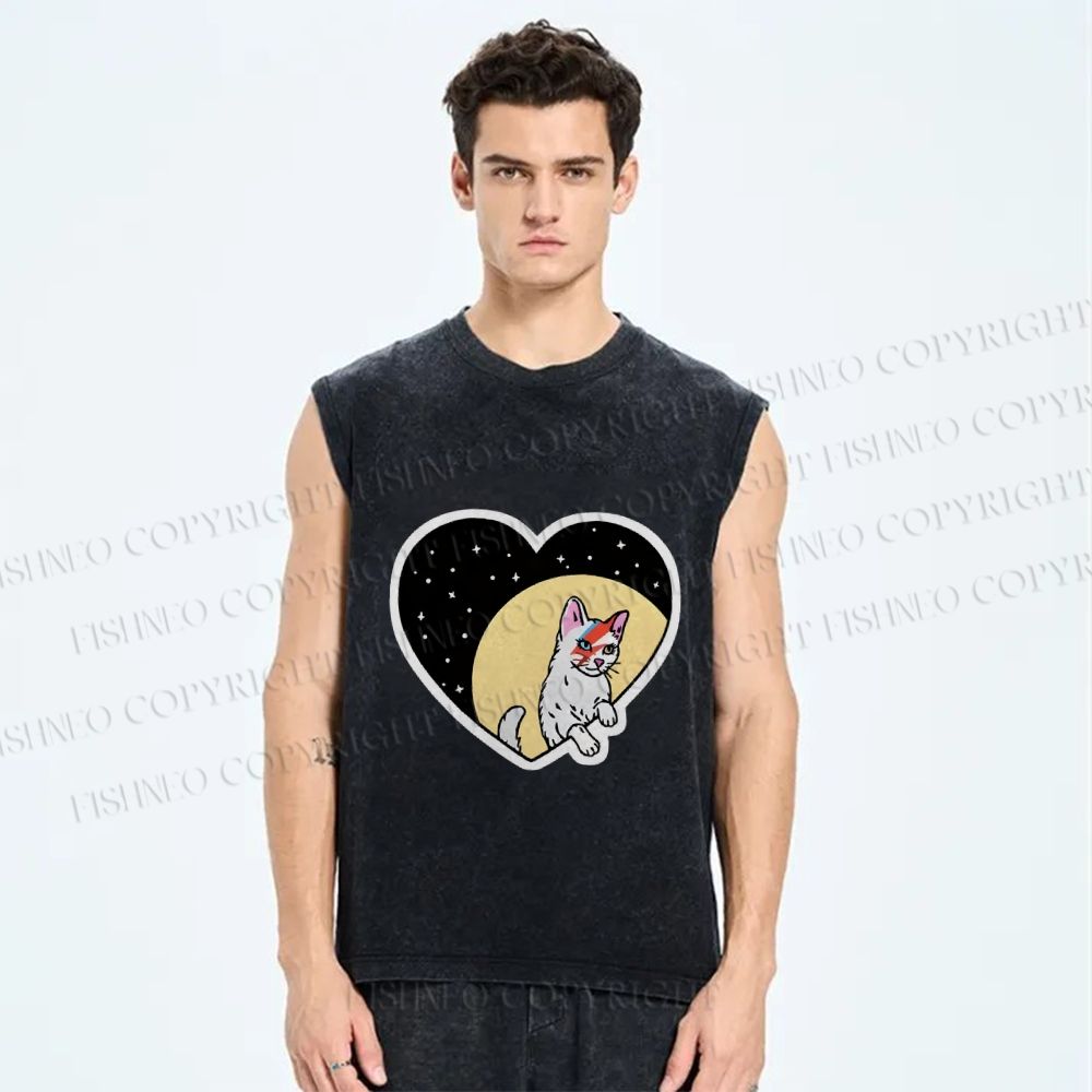 Unisex David Bowie Cat in Heart Printed Washed Tank Top