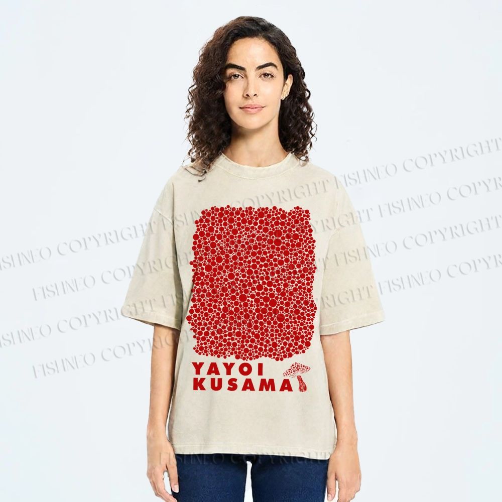 Unisex Yayoi Kusama Mushroom With Dots Printed Washed Tee