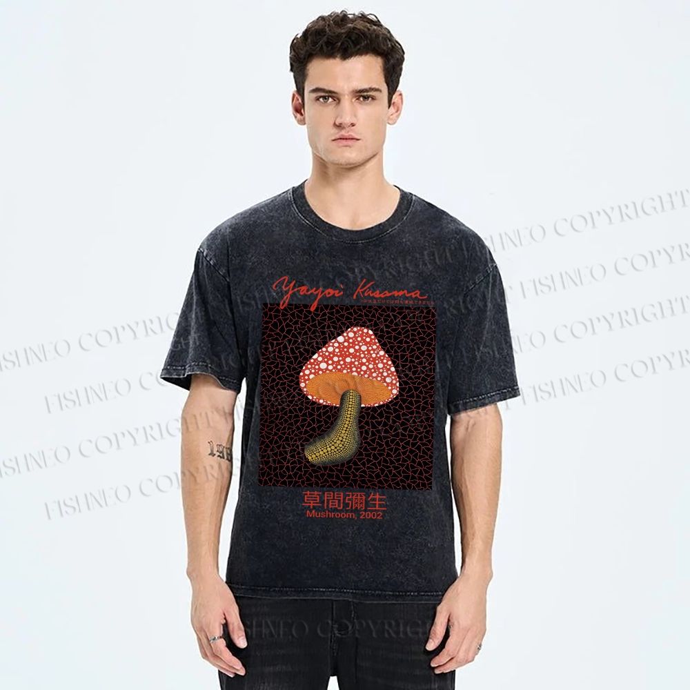 Unisex Yayoi Kusama Mushroom Printed Washed Tee