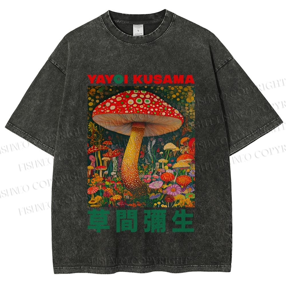 Unisex Yayoi Kusama Mushroom Printed Washed Tee