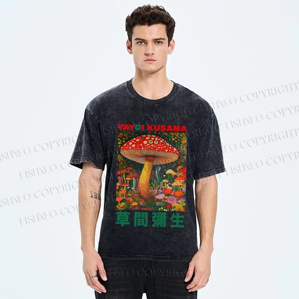 Unisex Yayoi Kusama Mushroom Printed Washed Tee
