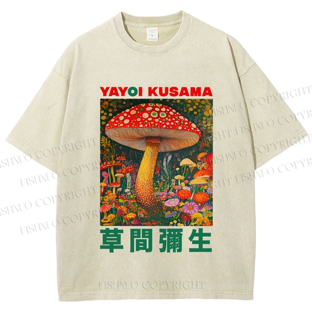 Unisex Yayoi Kusama Mushroom Printed Washed Tee