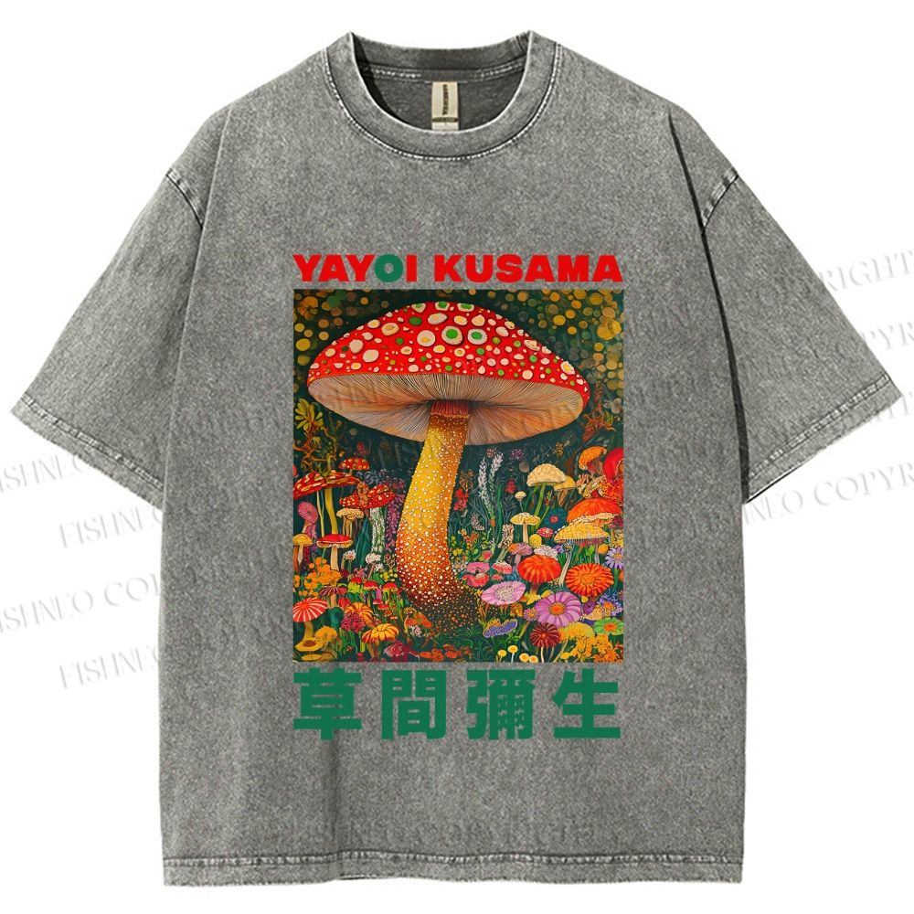 Unisex Yayoi Kusama Mushroom Printed Washed Tee