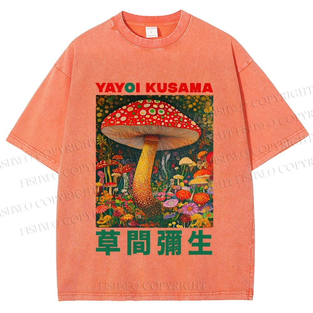 Unisex Yayoi Kusama Mushroom Printed Washed Tee