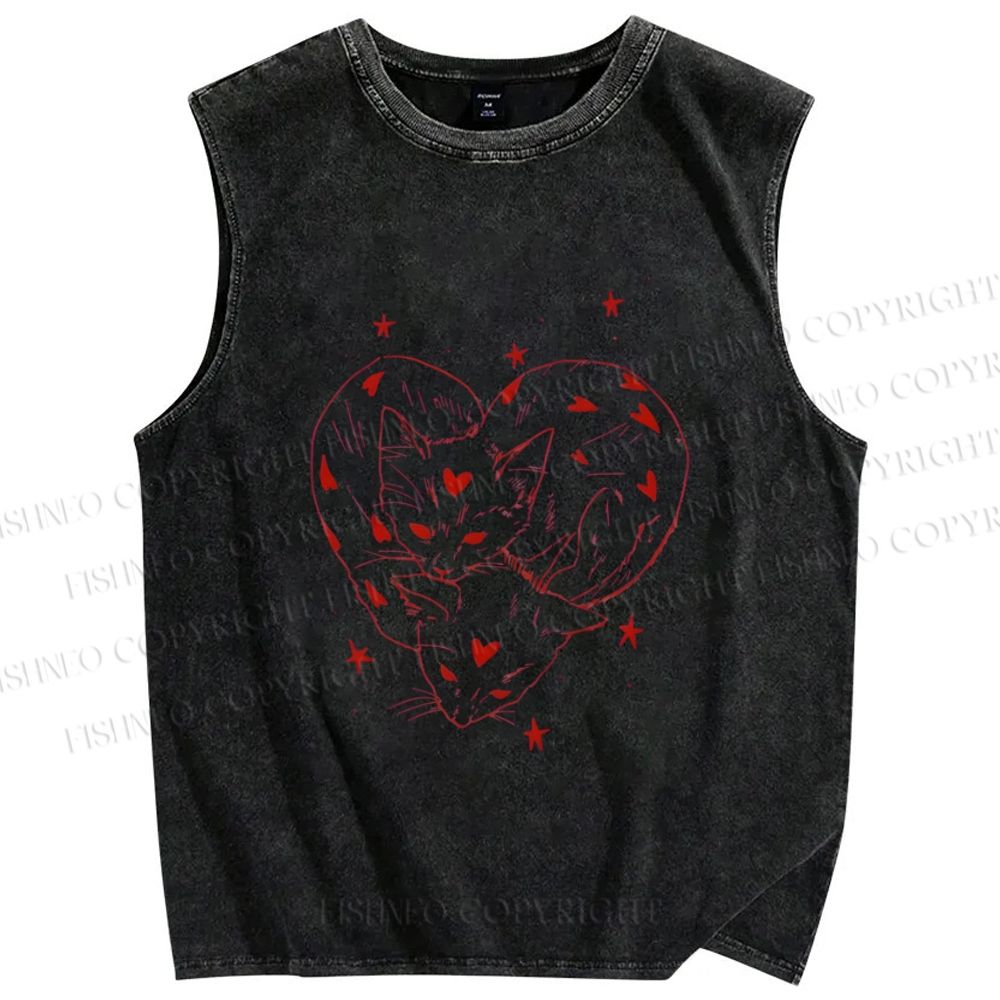Unisex Heart Cat Printed Washed Tank Top