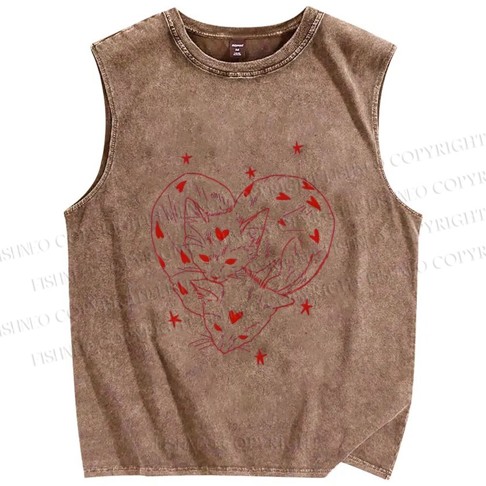 Unisex Heart Cat Printed Washed Tank Top