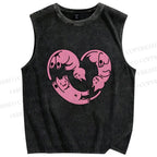 Unisex Pink Cat Printed Washed Tank Top